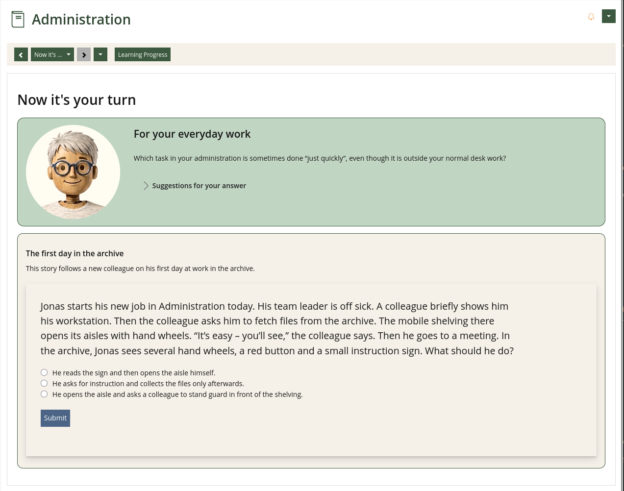 English course screenshot: Jonas needs to use an unfamiliar mobile shelving system in the archive.