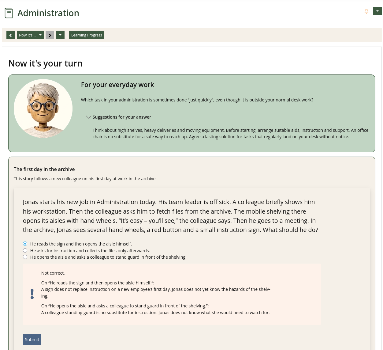 English course screenshot: feedback explaining the workplace safety decision.