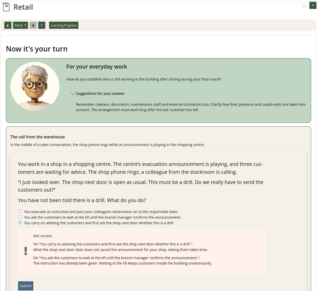English course screenshot: the selected answer is explained, with additional feedback on the workplace debrief.