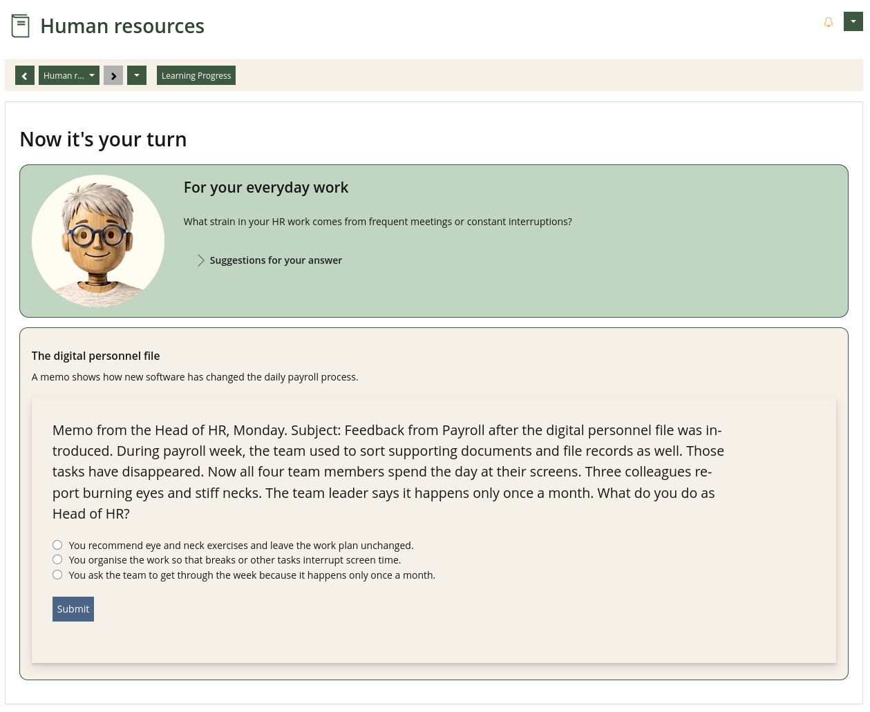 English course screenshot: digital personnel files mean less walking and more continuous screen work.