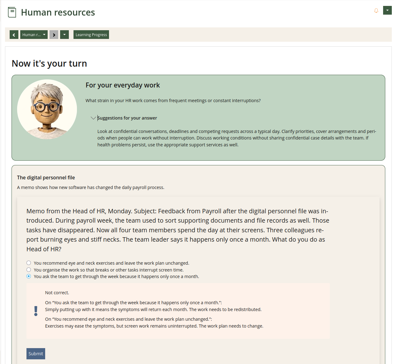 English course screenshot: feedback explaining the ergonomics decision.