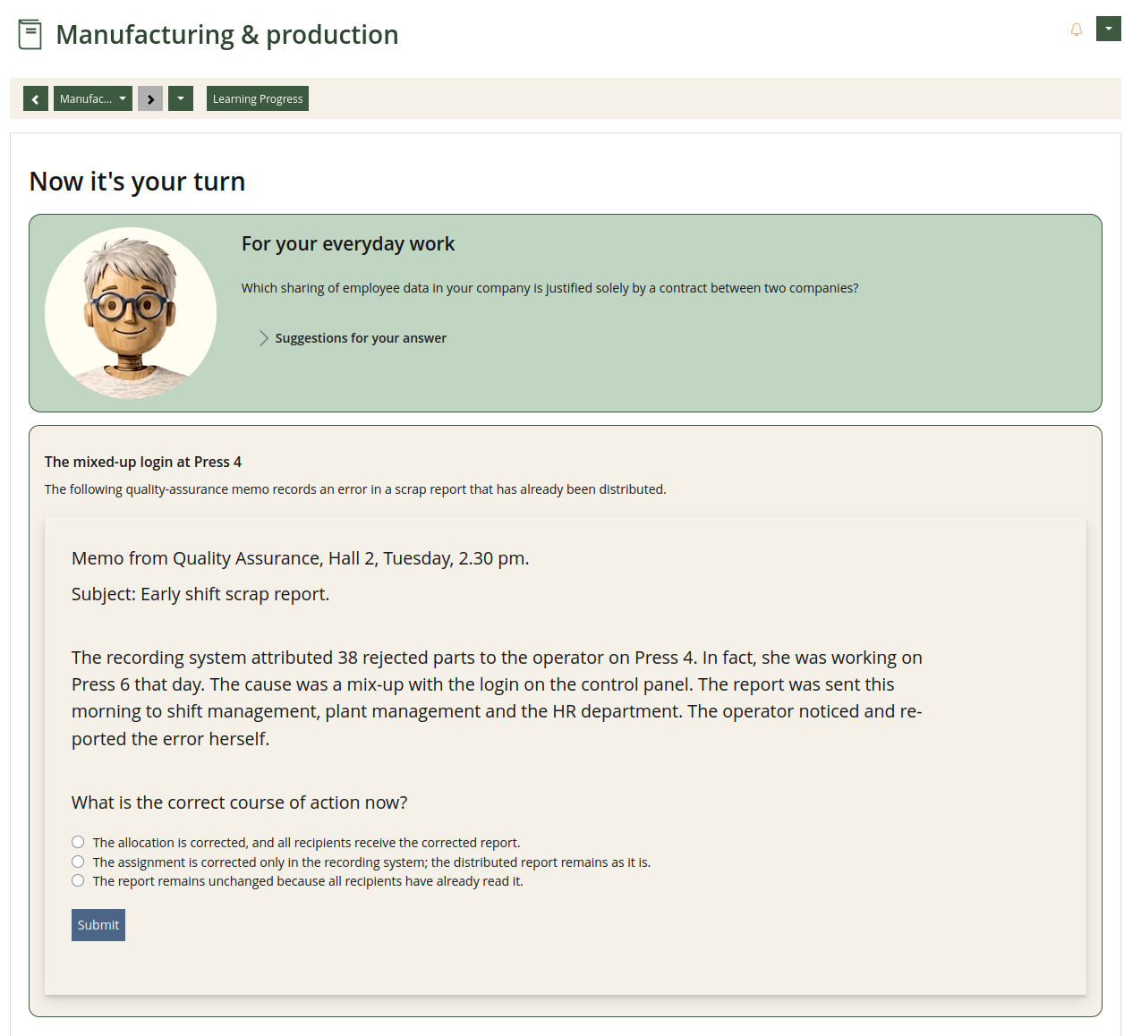 English course screenshot: rejected parts have been attributed to the wrong employee in an already circulated report.
