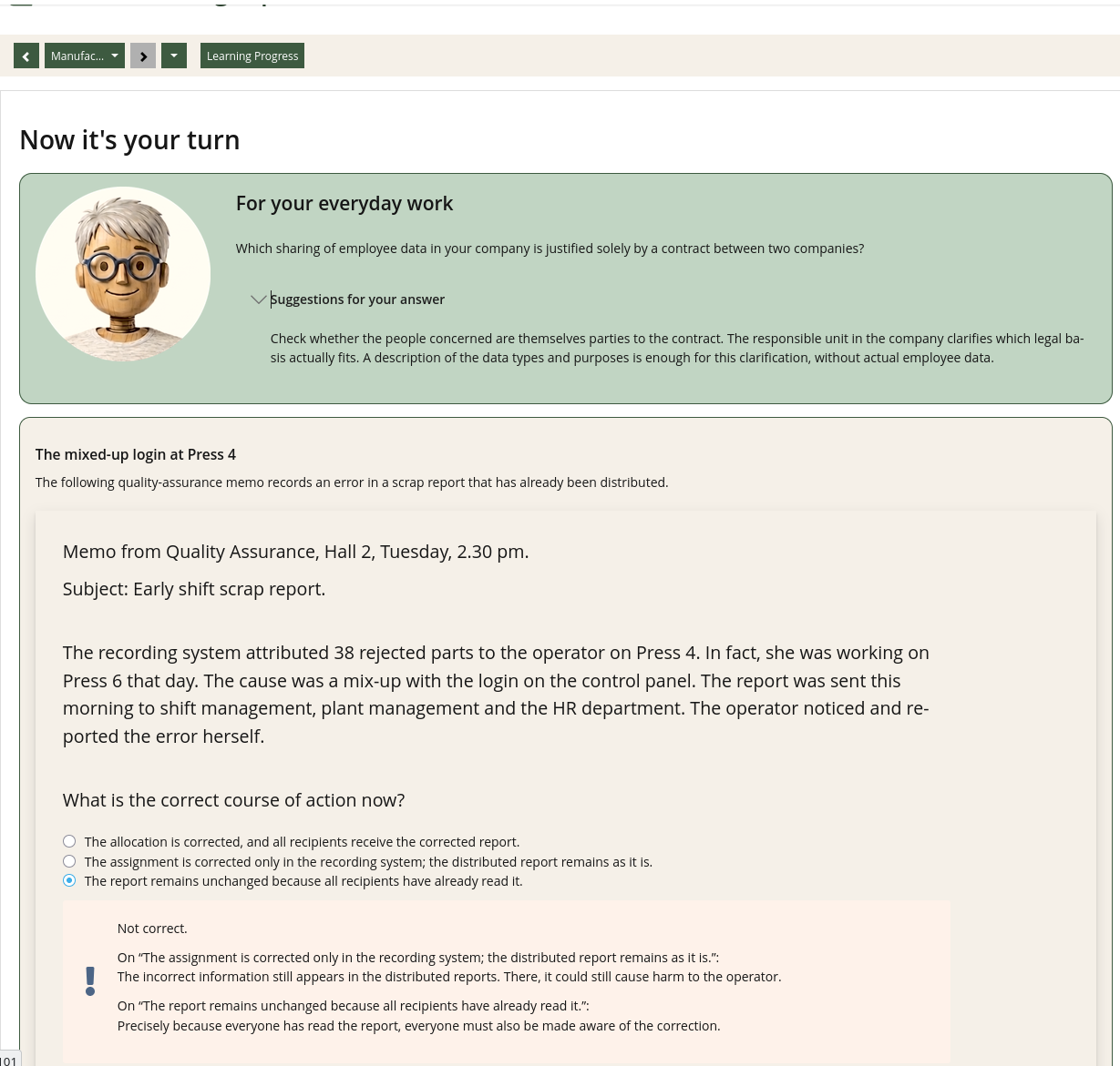 English course screenshot: feedback explaining the data protection decision in Manufacturing.