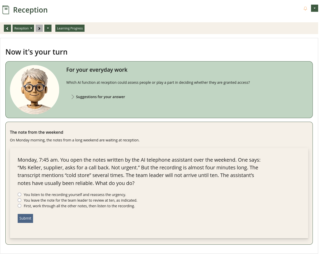 English course screenshot: an AI telephone assistant may have misjudged the urgency of a message about a cold room.