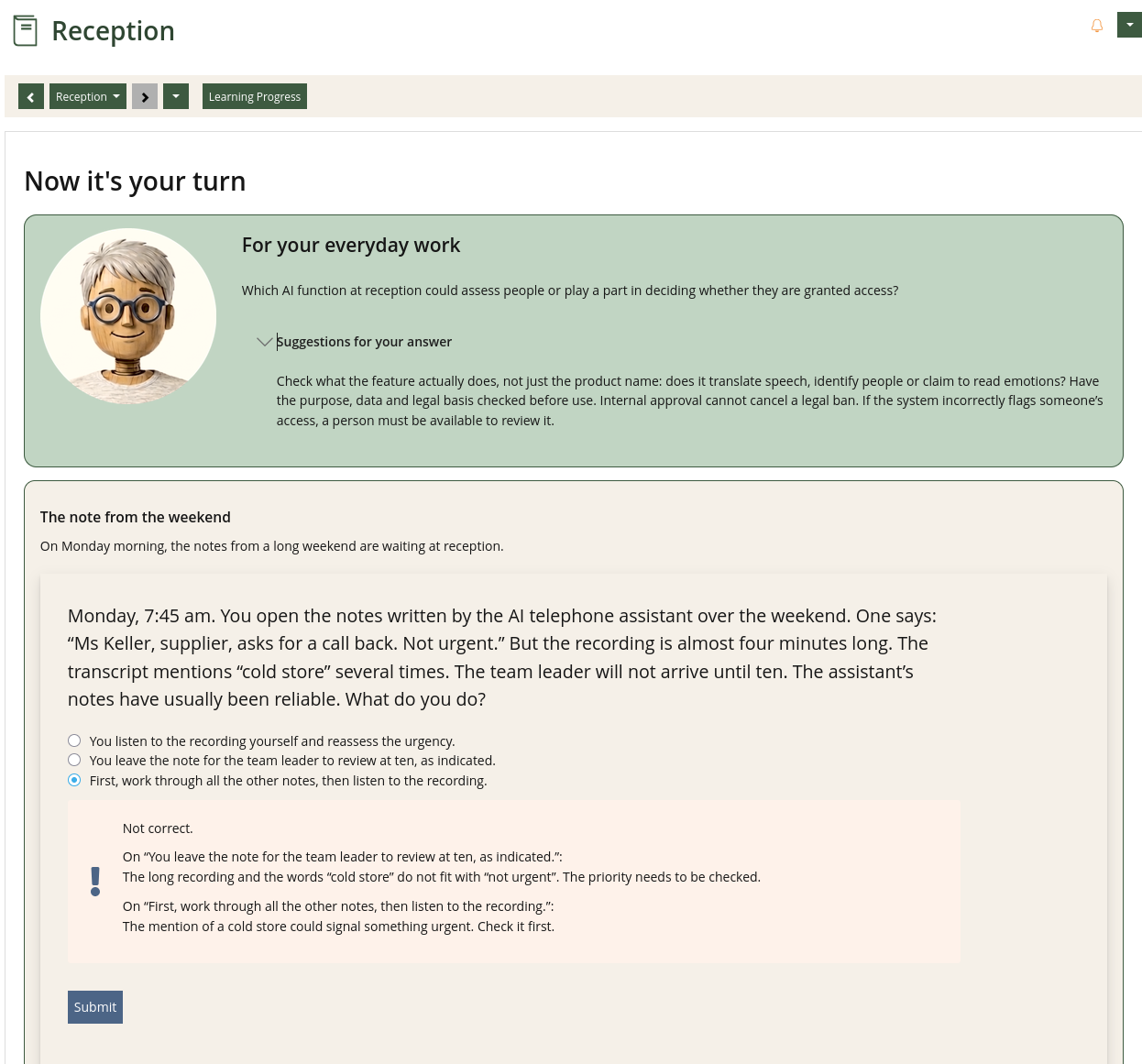 English course screenshot: feedback explaining the AI literacy decision at Reception.