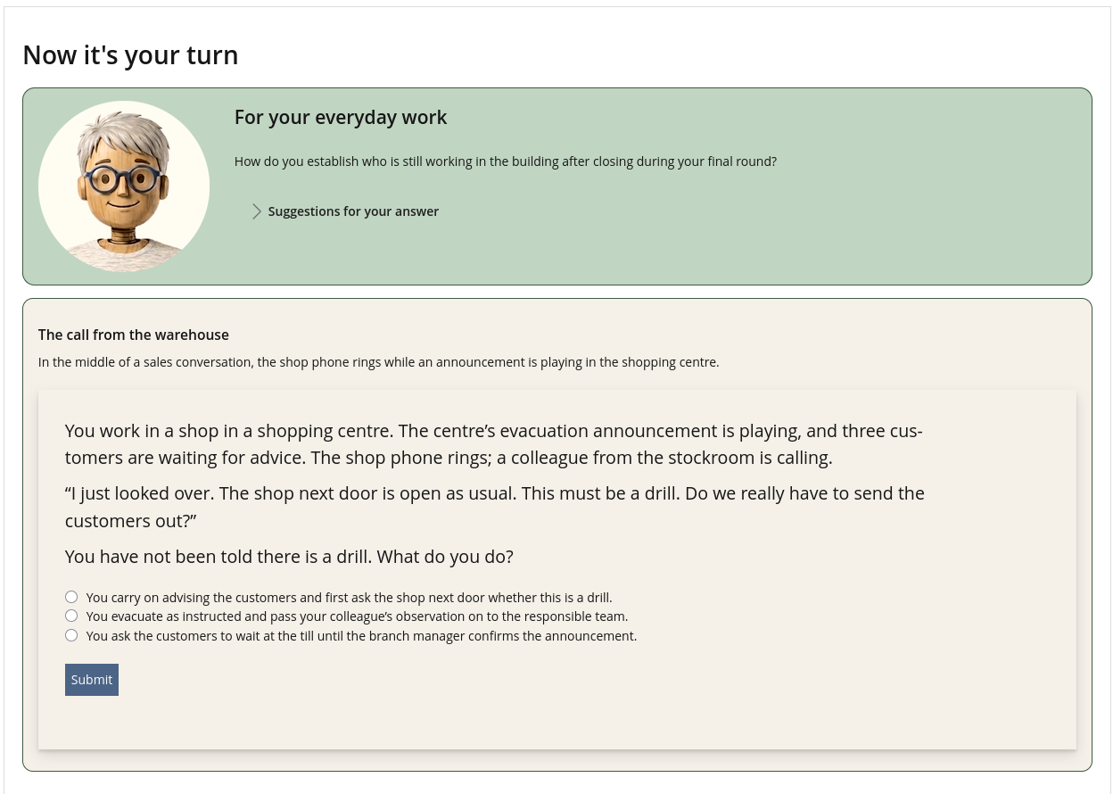 English course screenshot: Fire safety in Retail, with a reflection question and decision scenario.