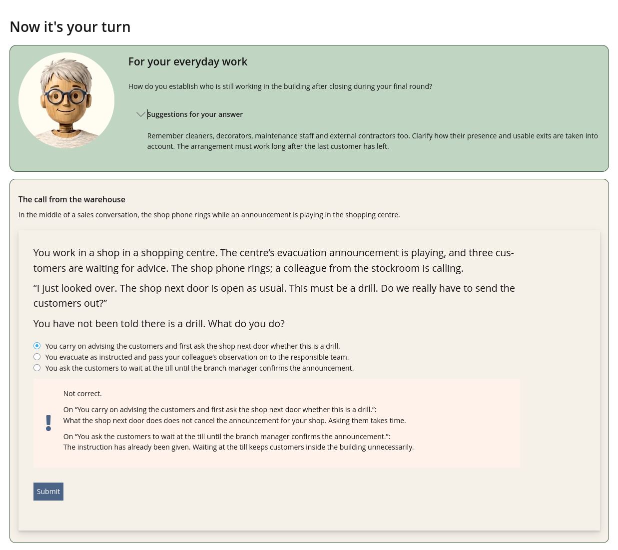 English course screenshot: an assessed answer with explanatory feedback on a fire safety task.